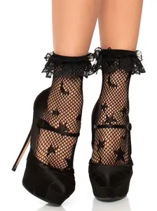 Lady's Galaxy Fishnet Ruffle Ankle Socks, Stocking-Style Design, Soft Fabric for Leg Support