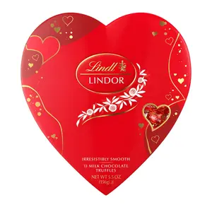 Lindt LINDOR Valentine's Day Milk Chocolate Truffles Friend Heart,Strawberries and Cream White Chocolate Candy Truffles Heart, 5.5 oz. Gift Box gormet candy variety pack Snack Bonbon cocoa