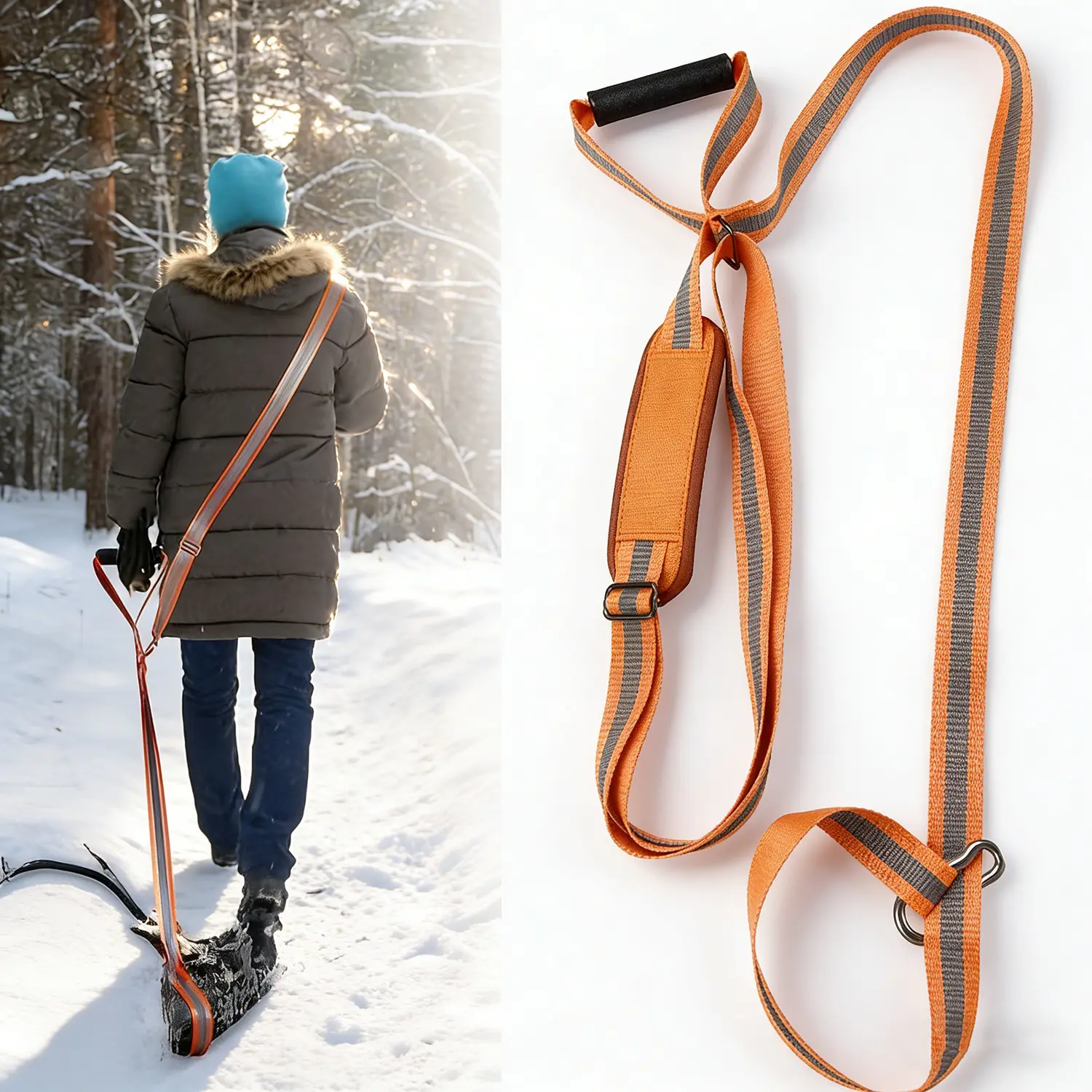 Heavy Duty Reflective Orange Deer Drag Strap and Harness with Widen Extended Shoulder Pads, Deer Dragging Rope with Rope Carabiner, Hunting Accessories for Hunters
