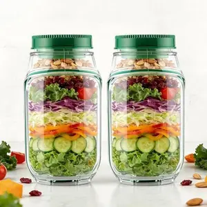 Portable Salad Jar with Side Opening for Lunch - Leakproof Dressing Container with Lid, Microwave & Dishwasher Safe Mason Jar for Meal Prep, Travel, Office & Home Use