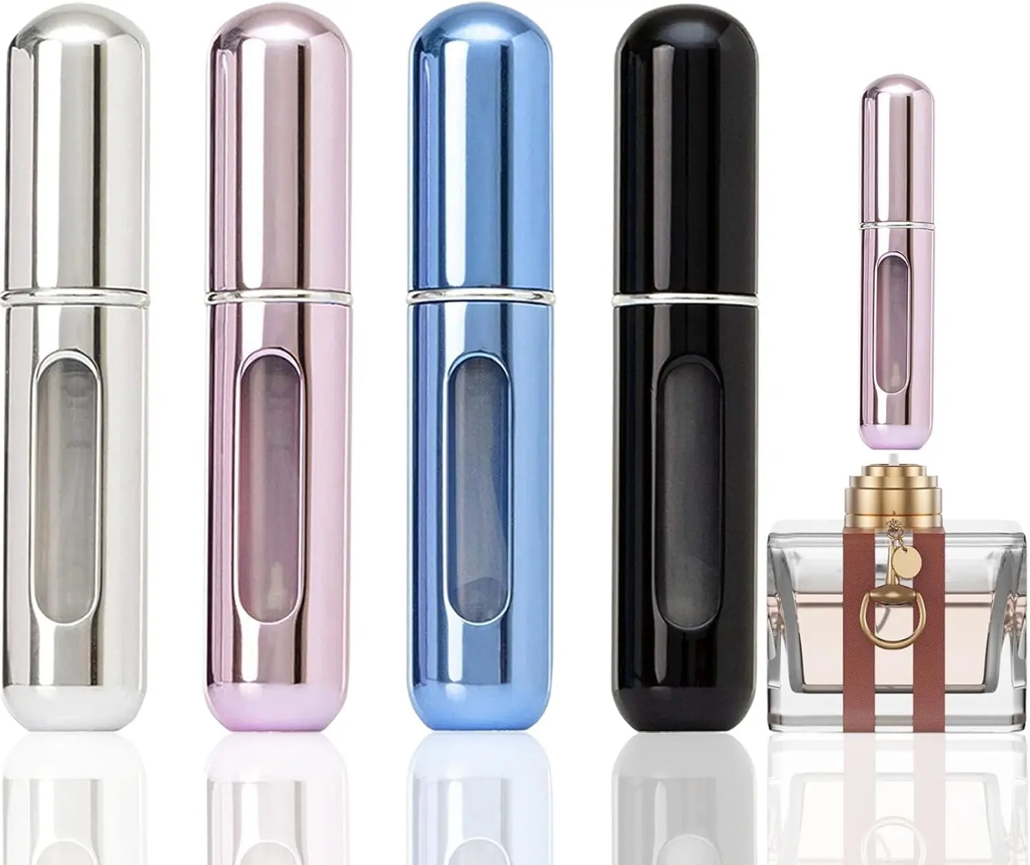 opasyo 4 Pcs Mini Perfume Atomizer Refillable Bottle, 5ml Portable Bottom Fill Scent Dispenser, Leak-Proof Cologne Travel Spray Pump for Purse & Luggage (Silver/Pink/Blue/Black)