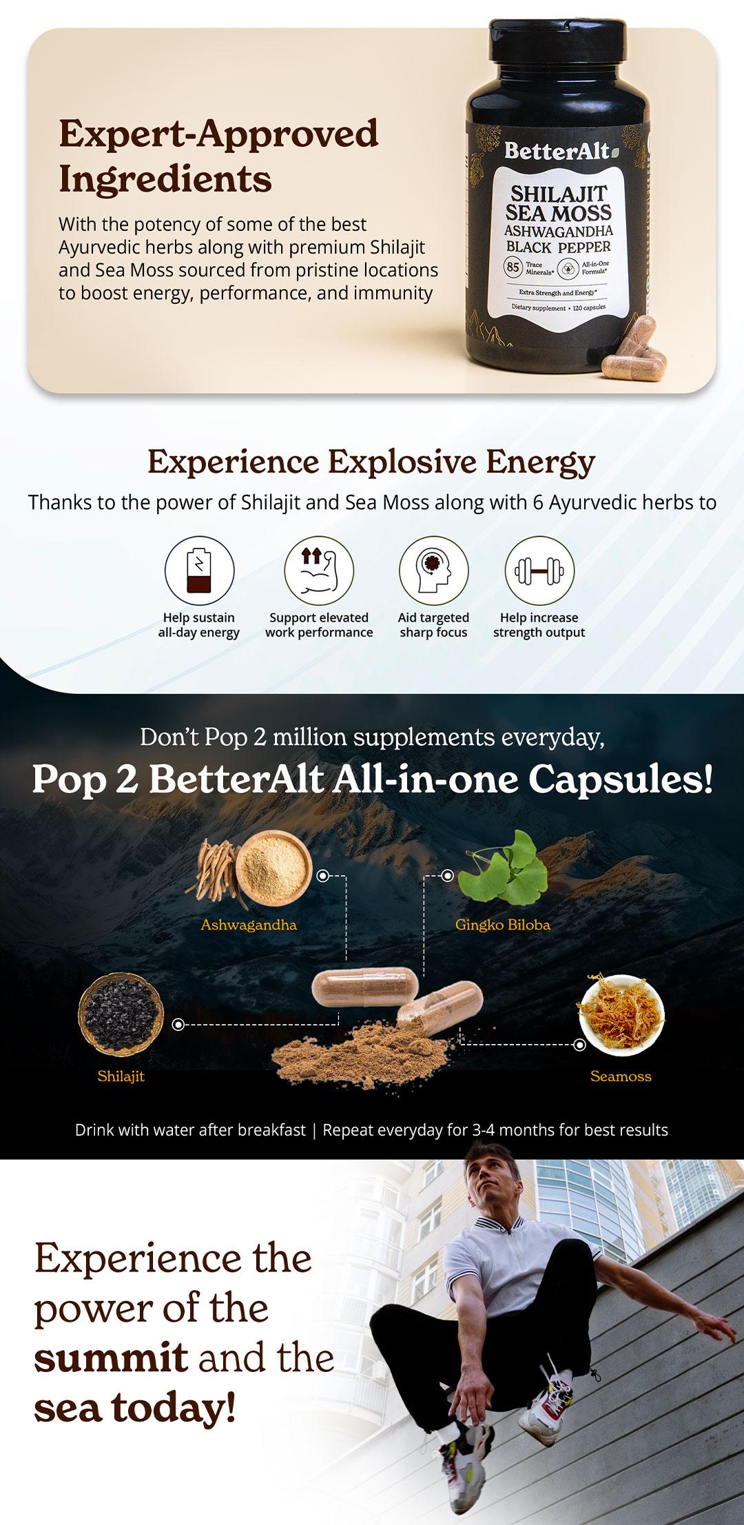 BetterAlt GOLD+ Shilajit, Ashwagandha & Sea Moss Capsules | Lab-Tested for Purity | Helps Boost Energy & Immunity | 2-Month Pack