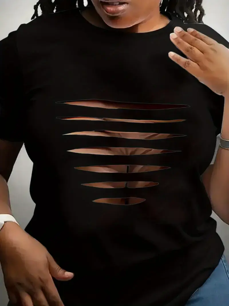 Women's Black Smooth Ribbed Seamless Short-Sleeve T-Shirt - Geometric Cut-Out Design, Casual Sporty Summer Top, Round Neck, Breathable, Machine Washable