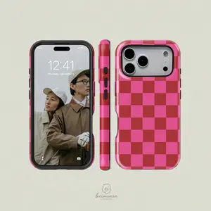 Pink plaid simple pattern 2-in-1 mobile phone case, textured, durable, shockproof, stylish protective cover for iPhone 11 12 13 14 15 16 17 Pro Max Pro Plus,