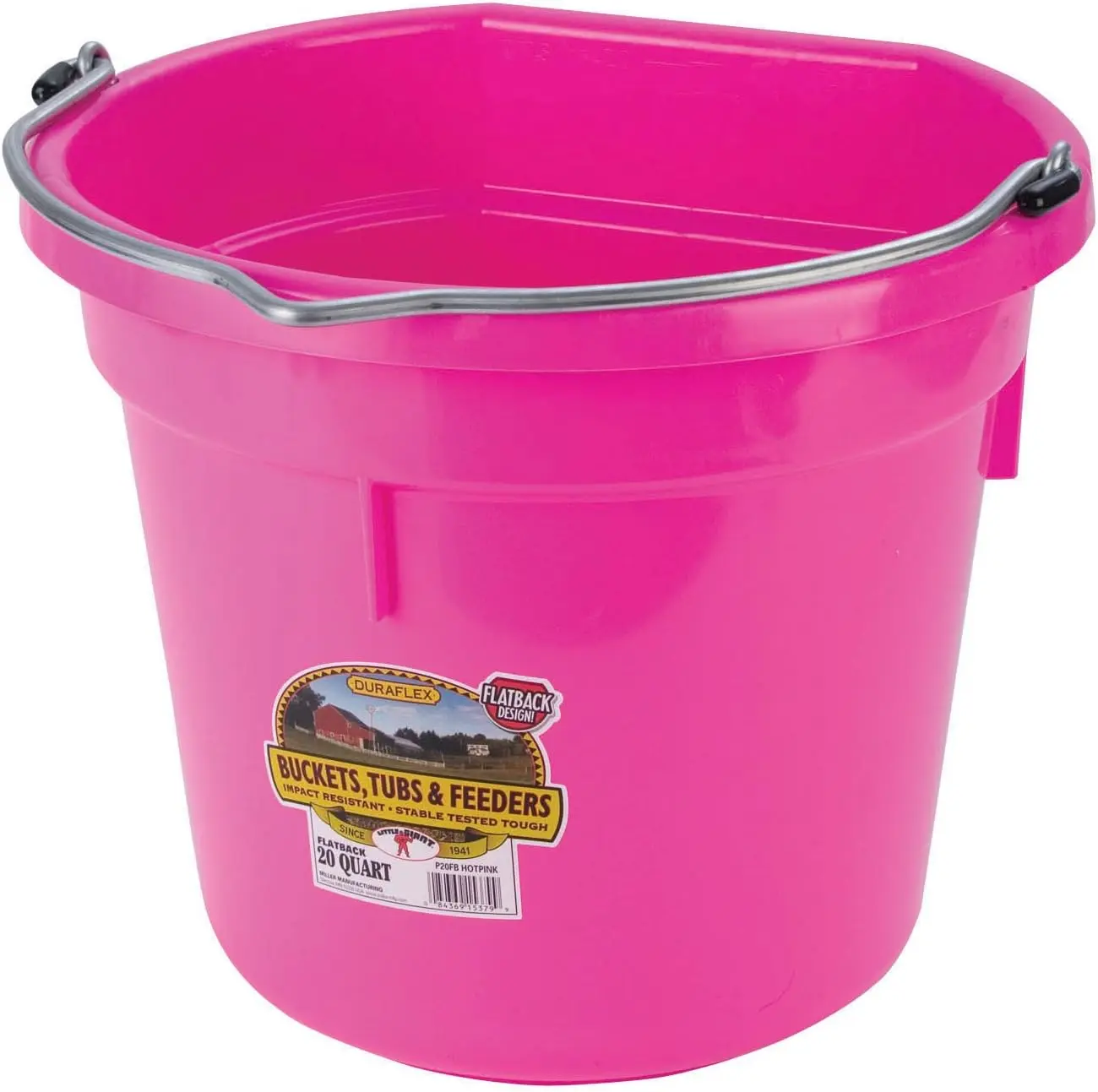 Little Giant Plastic Animal Feed Bucket (Hot Pink) Flat Back Plastic Feed Bucket with Metal Handle (20 Quarts / 5 Gallons) (Item No. P20FBHOTPINK6)