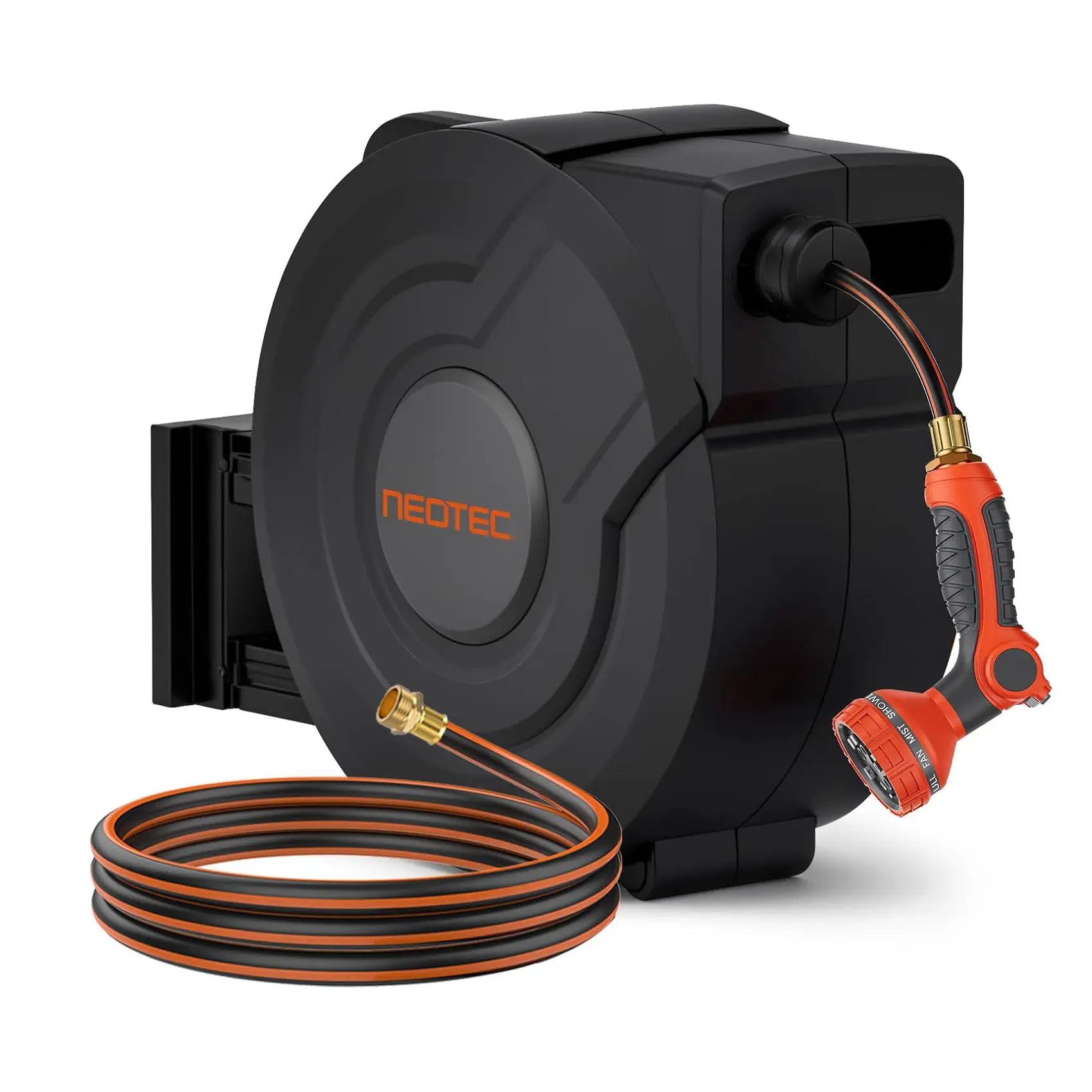 【summerfinds】NEOTEC Wall Mounted Heavy Duty Retractable Garden Water Hose Reel (100ft-150ft) - Leak Proof Hose with 3/4 Inch Brass Fittings, 9-Pattern Nozzle, Auto Rewind System, Any Length Lock, 180° Swivel Bracket, Outdoor Garden Accessories, Leak-Free
