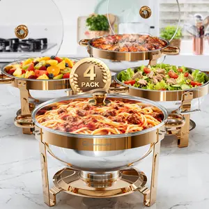 WARMOUNTS 5QT Rose Gold Chafing Dishes for Buffet with Glass Lid , Round Chafers and Buffet Warmers Set with Mirror-Polished Stainless Steel, Rolled Rim, Stackable, Lid Holder for Parties, Weddings(2/4 Pack）