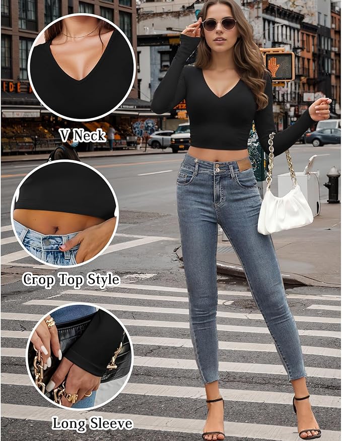 Long Sleeve V Neck Crop Top for Women Soft Workout Shirt Going Out Tops Sexy Slim Fitted Casual Base Layer Lightweight
