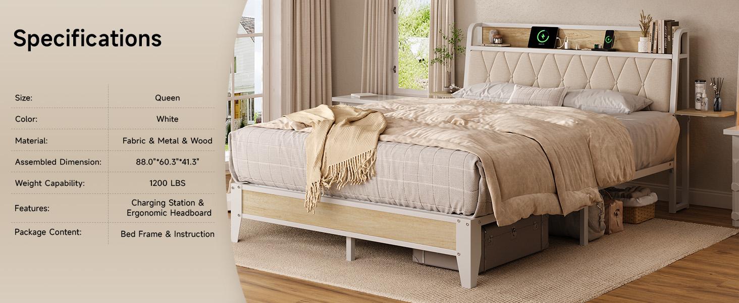 【SPOTLIGHT DAY】ONBRILL Bed Frame with Side Storage Shelf, Ergonomic Upholstered Headboard with Charging Station, King Platform Bed Frame, Metal Slats Support, No Box Spring Needed, Easy Assembly