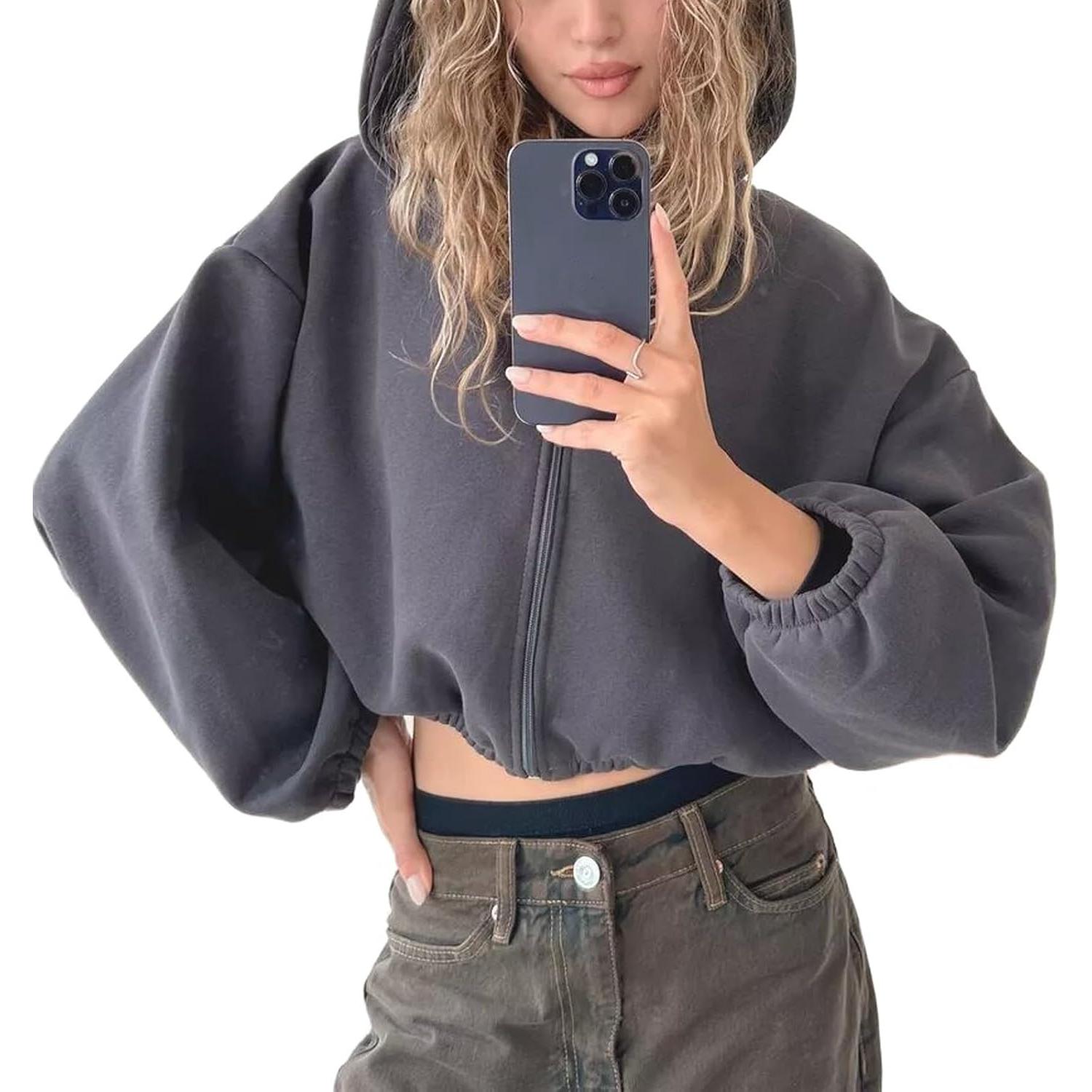 BIGWIG Cropped Zip Up Hoodies for Women Oversized Long Sleeve Casual Loose Short Sweatshirt 90s Hooded Crop Jacket Top BIGWIG Cropped Zip Up Hoodies for Women Oversized Long Sleeve Casual Loose Short Sweatshirt 90s Hooded Crop Jacket Top