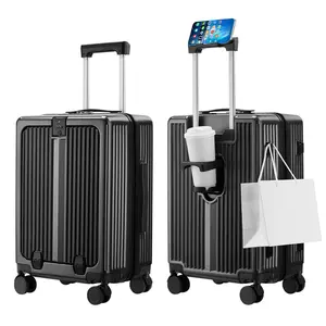 Smart Travel Essential! 20" PC+ABS Lightweight Carry-On Luggage w/ Built-In Phone Cup Holder, USB Charging Lock, 360° Silent Wheels, 41L Black/White/Gray