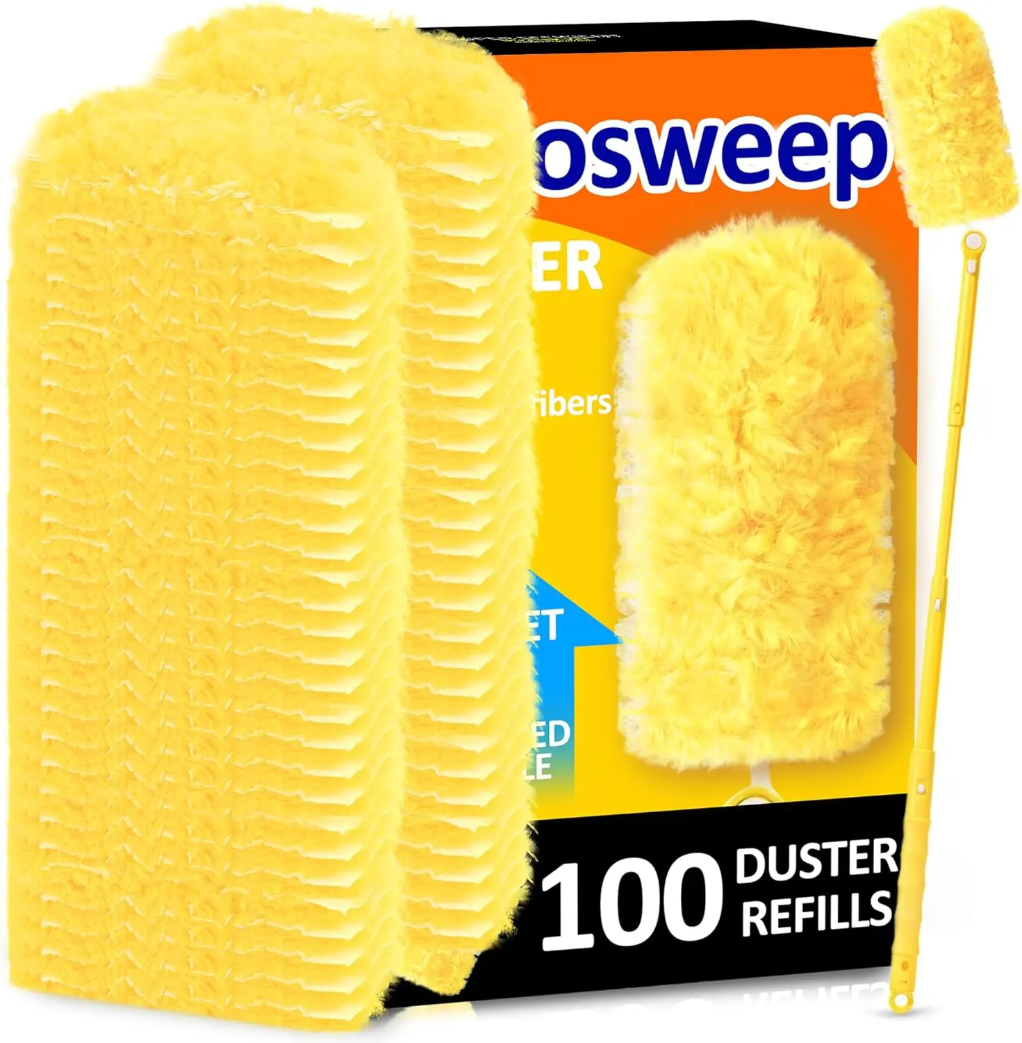100 Count Duster Refills with 1 Handle, Heavy Duty 4X Microfiber Dusting Pads Compatible with Swiffer, 360° Multi-Surface Cleaning, Unscented
