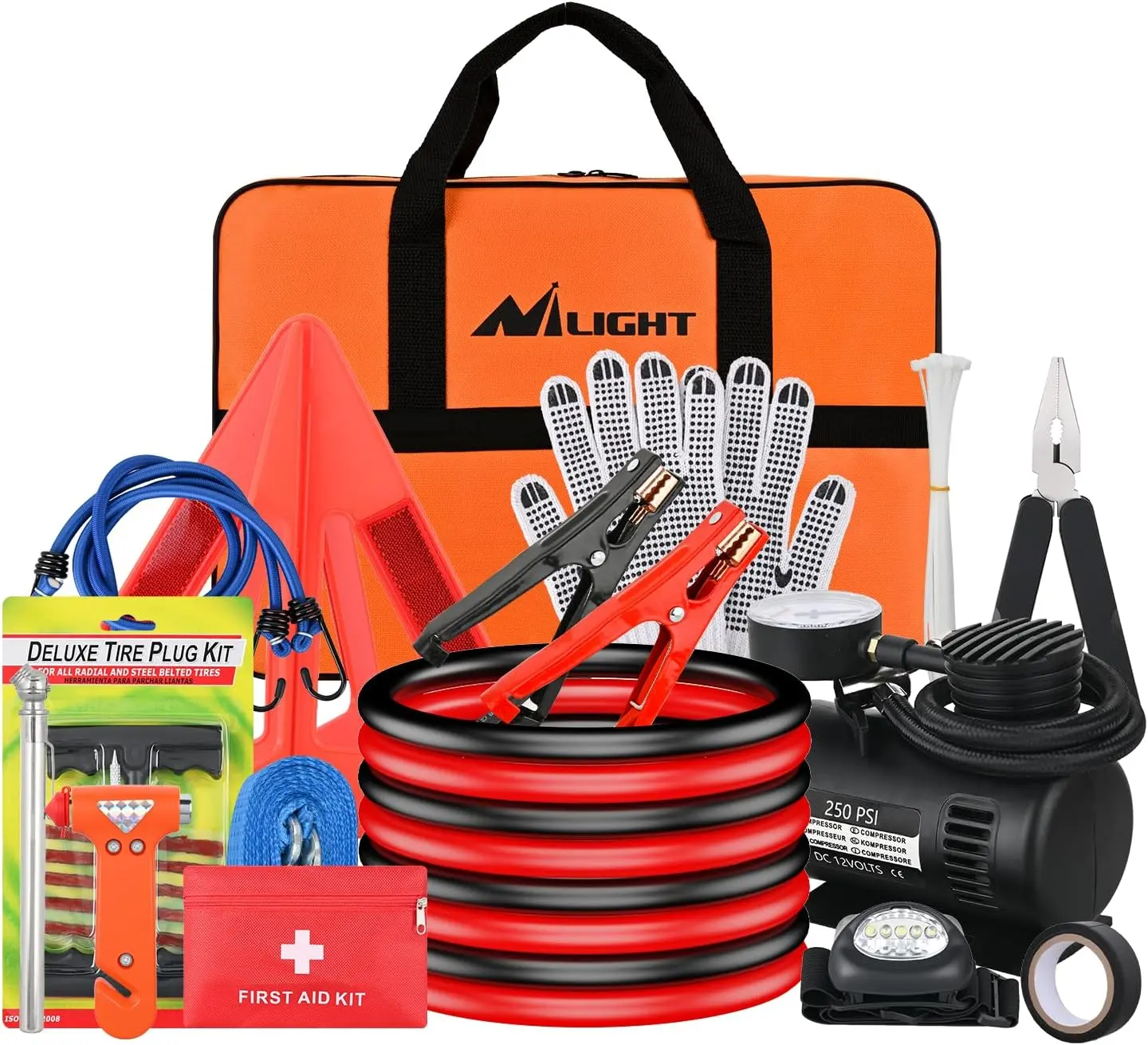Nilight Car Emergency Kit with Jumper Cable Air Compressor Tire Repair Essential Tools First Aid Alligator Connector Electrical Kit for Travel Camping Outdoor Cars Truck SUV RV fathersdaygift, Puncture Repair Kit, Quick Fill Inflator