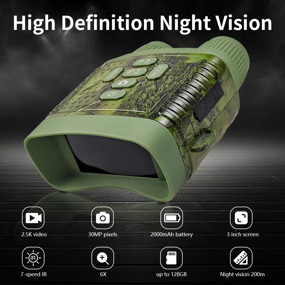 Camouflage Night Vision Binoculars: 2.5K resolution, 3-inch HD screen, 6x digital zoom, 7-level adjustable infrared illumination, 2000mAh battery, low-light enhancement, video/photo capabilities—ideal for hunting.