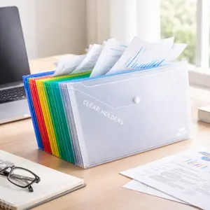 5 Piece Mixed Color Folding File Bag with Button Closure Design, Suitable for Office Organizers and School Supplies