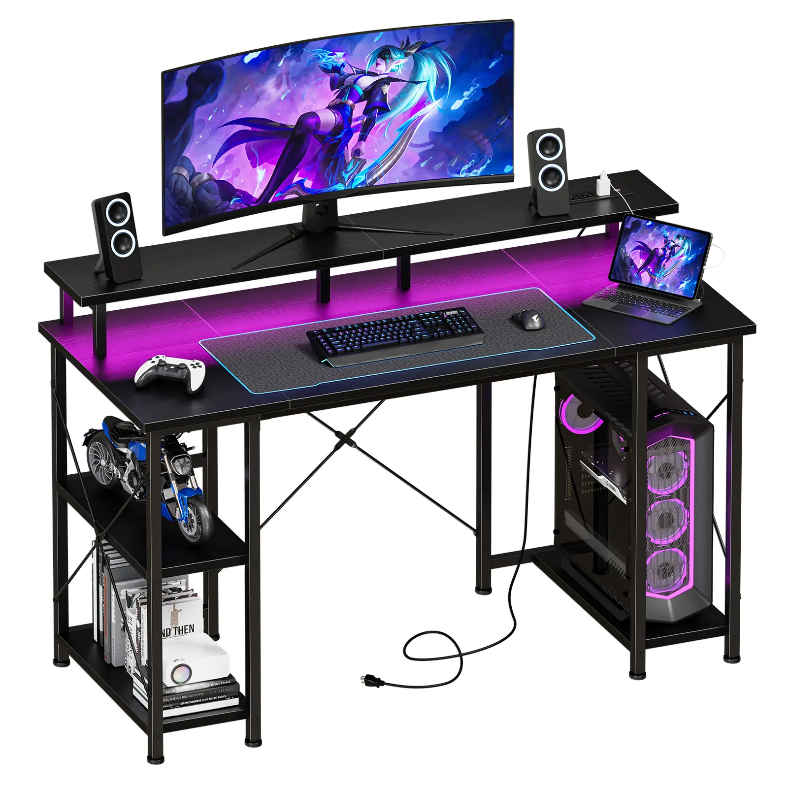 Sweetcrispy Sturdy All-in-1 Rectangular Black 48in Computer Desk with Monitor Shelf, 2-Tier Storage Shelves, LED Lighting, Power Outlets - Office Furniture for Work From Home, Gaming - Computer Desk Stand, Power + Storage to Enhance Visibility