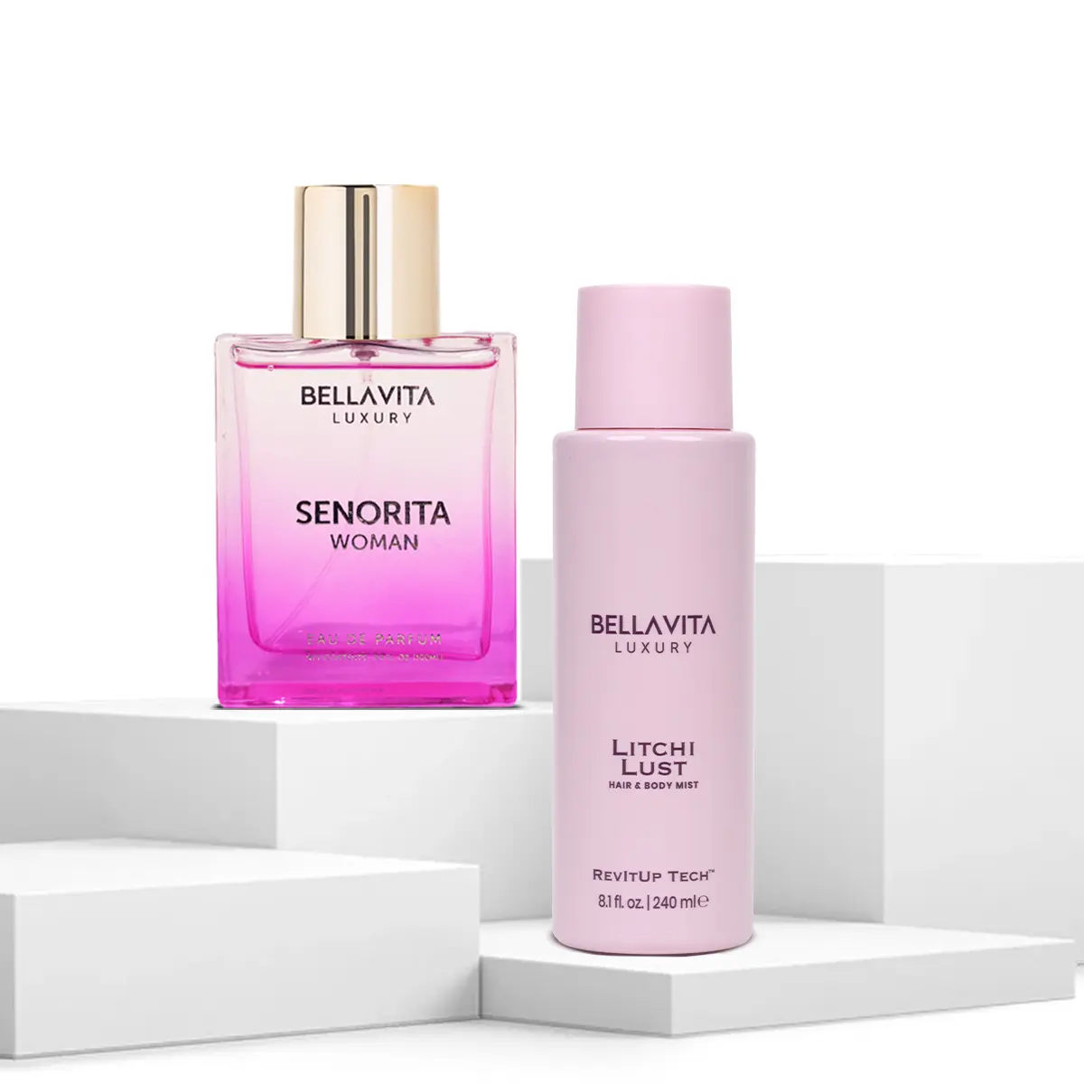 The Senorita Litchi Duo by Bellavita Luxury | Senorita Woman Eau De Parfum & Litchi Lust Hair & Body Mist | Fruity Floral & Tropical Fresh | Notes of Peony & Juicy Litchi | Long-Lasting fragrance & Revivable water based mist | Vegan & Cruelty-Free