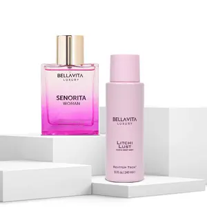 The Senorita Litchi Duo by Bellavita Luxury | Senorita Woman Eau De Parfum & Litchi Lust Hair & Body Mist | Fruity Floral & Tropical Fresh | Notes of Peony & Juicy Litchi | Long-Lasting fragrance & Revivable water based mist | Vegan & Cruelty-Free
