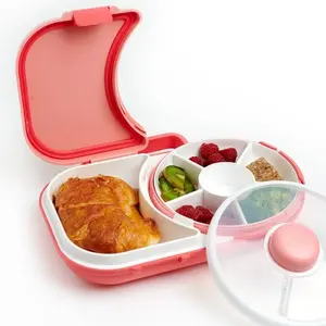 GoBe Kids' 2-in-1 Bento Style Lunchbox with Small Snack Spinner Flip Airtight Container - Pink, BPA-Free, Dishwasher-Safe, 5 Compartments for Sandwiches & Snacks