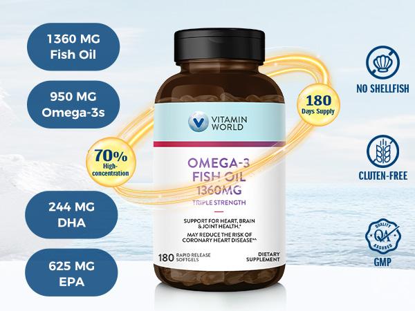 Vitamin World Triple Strength Omega-3 Fish Oil 1360mg, Fish Oil Supplements from Deep Water Fish with Fatty Acid DHA & EPA 60&120 Softgels Vitamin World Triple Strength Omega-3 Fish Oil 1360mg, Fish Oil Supplements from Deep Water Fish with Fatty Acid DHA & EPA 60&120 Softgels
