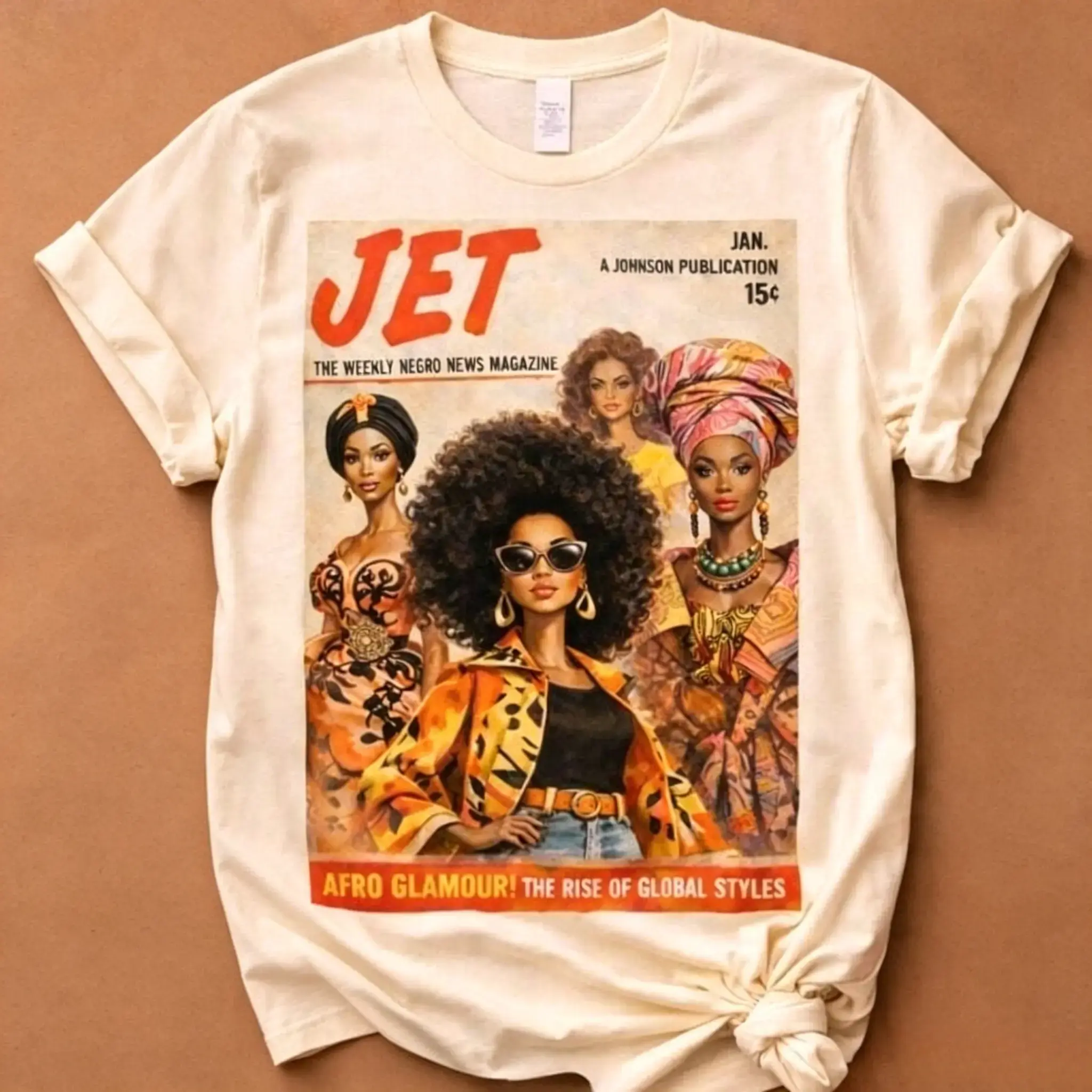 Women's Graphic T-Shirt with Vintage Afrocentric Magazine Art, Casual Short-Sleeve 100% Cotton Crew Neck Top, Graphic Tees Women, Cotton Graphic Tees