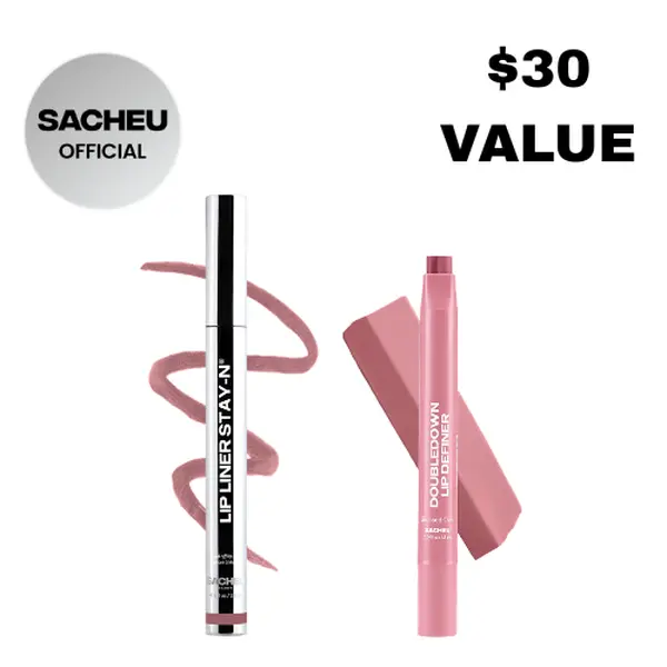 sacheu Line & Define Lip Duo - Lip Liner STAY-N & DoubleDown Lip Kit - Waterproof Peel-off Lip Stain + 2-in-1 K Beauty Lipstick