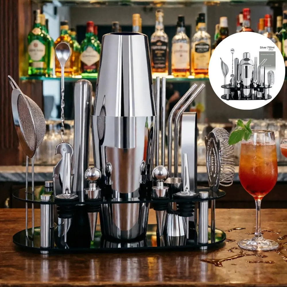 16-Piece Stainless Steel Bartending Kit with Stand, Cocktail Recipe, 750/600ml Metal Lid Cocktail Shakers (25oz, 25/20oz), Bar Utensils for Home & Professional Bartenders