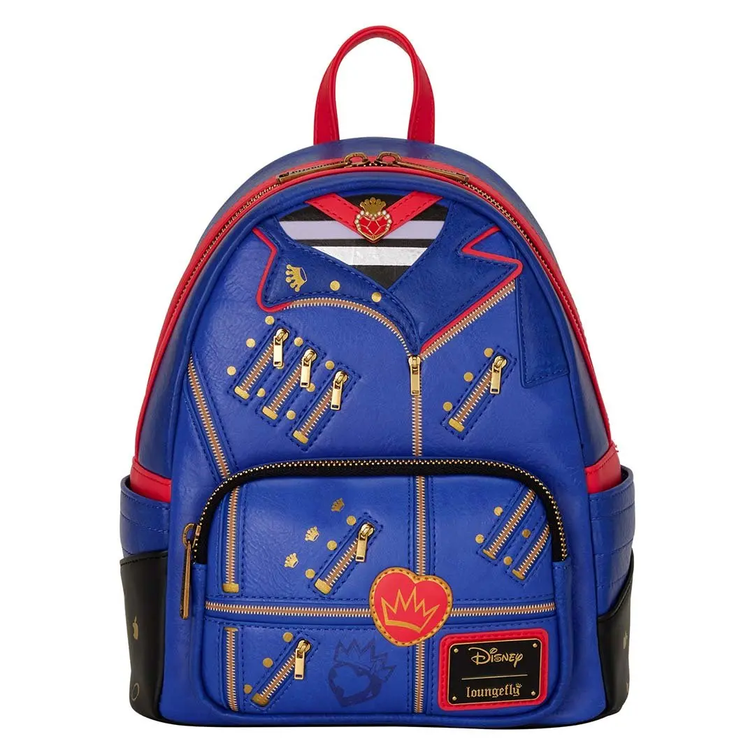 Loungefly Disney Descendants Evie Inspired Cosplay Mini Backpack - Casual Printed Faux Leather Bag, Distressed Details, Crown Charm, Adjustable Strap, Cartoon Character Graphic Backpacks, Graphic Print, 9” w x 10.5” h x 4.5” d, for Adults’ Everyday Carry