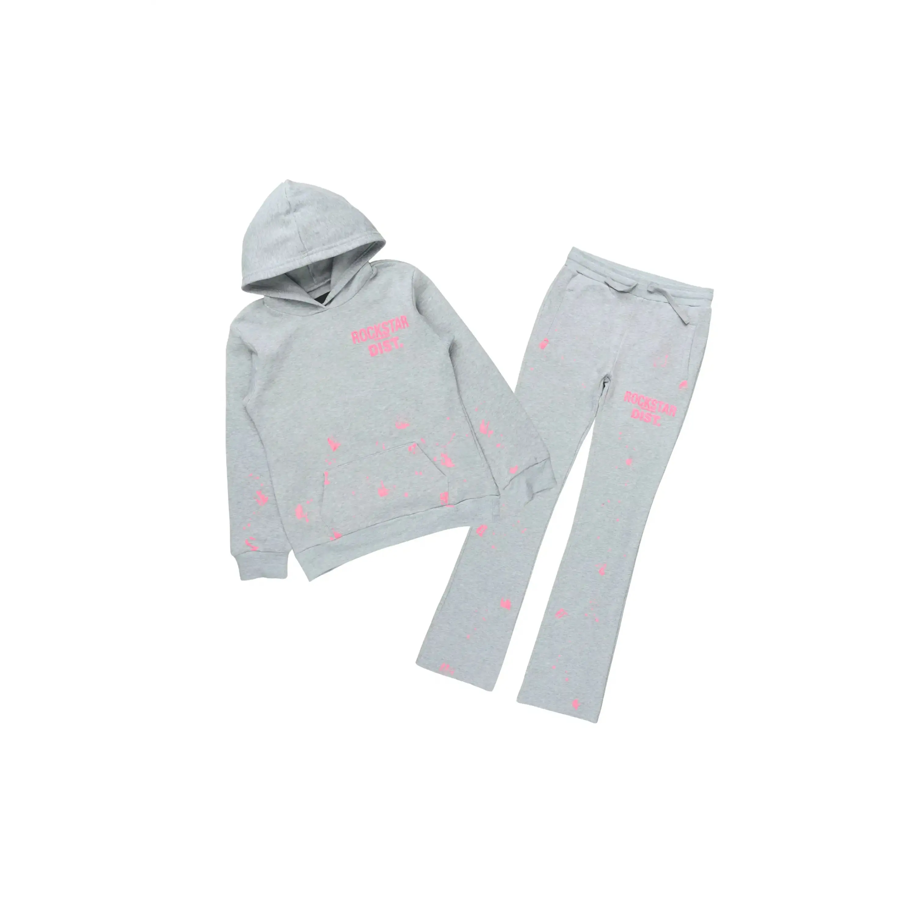 Girls Hadley Heather Grey/Pink Hoodie Stacked Flare Track Set
