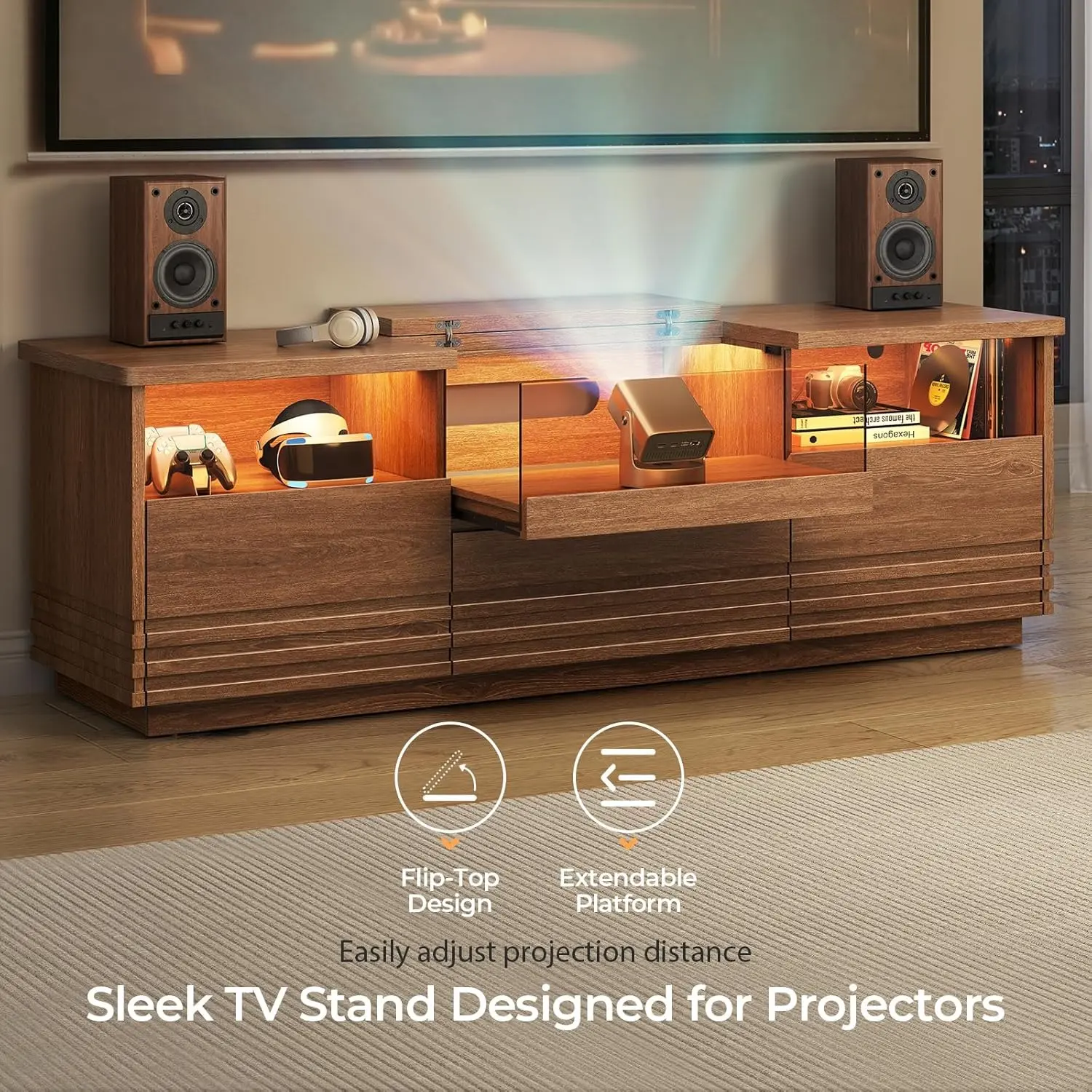 Sikaic Mid-Century Modern Fluted 63‑Inch TV Stand - Ultra-Short Throw Projector Platform, Adjustable LED Entertainment TV Stand with Ample Storage, Assembly Required, Walnut Brown for Living Room