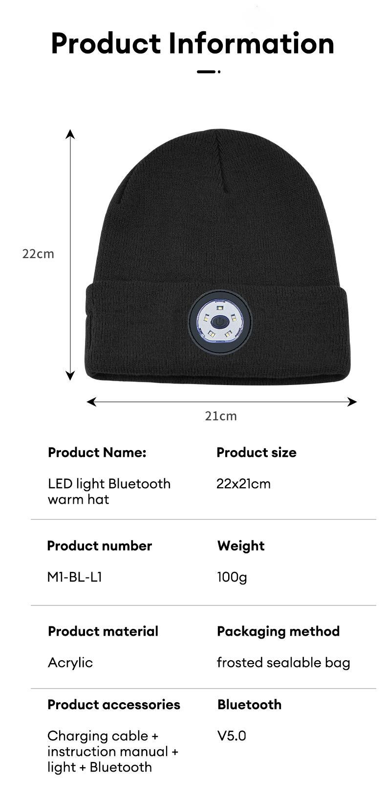 MGALL Bluetooth Beanie with LED Headlight and Removable Speakers, USB Rechargeable Knit warm winter Hat balaclava Hat for Music and Calling, sport,outdoor