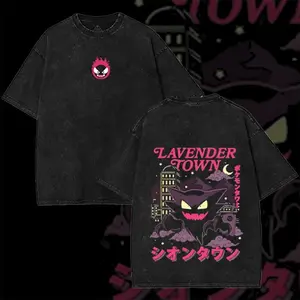 Unisex Retro 90s PKM Lavender Town Ghost Vintage Washed Graphic T-Shirt, Anime Double-Sided Oversized Heavyweight Cotton Streetwear Top, Manga Fan Merch Gift kk34