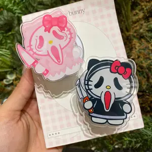 Creepy Cute Ghost Cat Phone Grip, Pink and Black Slasher Kitty Acrylic Phone Holder, Aesthetic Pastel Goth Phone Accessory, Spooky Kawaii Horror Gift, Horror Fan Phone Stand Decor