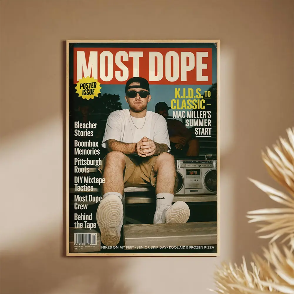 Mac Miller Most Dope Magazine Hip Hop Rap Rapper Print Poster, Fade-Resistant Matte Paper with Plastic Frame, Hip Hop Vibe Music Decor for Vintage Music Room