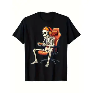 Men's & Boys' Vintage Gaming T-Shirt - Retro Skeleton Video Game Character Graphic Tee, Short Sleeve Casual Shirt for Halloween Costume or Casual Attire, Comfortable Fit Gamer Apparel for Boys Girls Men