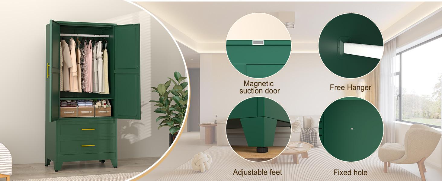 Metal Wardrobe Closet 71" with 2 Doors & 2 Drawers, Armoire Wardrobe Closet with Hanging Rods and Adjustable Shelf, Steel Wardrobe Storage Cabinet for Bedroom, Large mothersdaygift