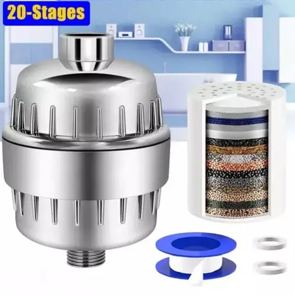 20-Stage Shower Head Filter with Vitamin C & KDF Media Hard Water Softener Chlorine Removal Bathroom Purification System for Hair Skin Protection Universal 1/2" Connection Chrome Finish