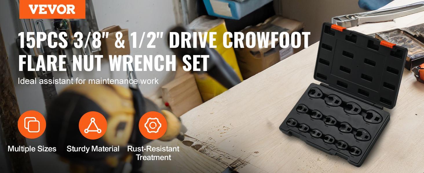VEVOR Crowfoot Wrench Set,  1/2" and 3/8" Drive 15-Piece Crows Foot Wrench Set with PP Storage Case,  Metric 8-24 mm, CRMO Steel and  Manganese Phosphate Finish, for Mechanical Maintenance and Repairs