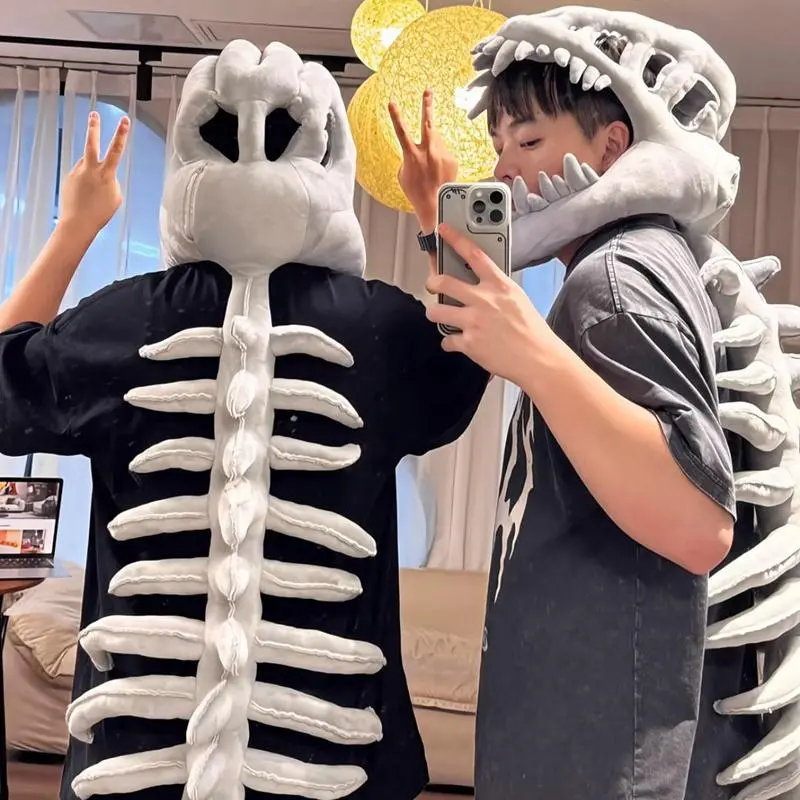 Novelty Dinosaur Skeleton Costume Pillow - Wearable Head & Back Bone Decorative Cushion for Cosplay, Halloween, Party Props 1pcs