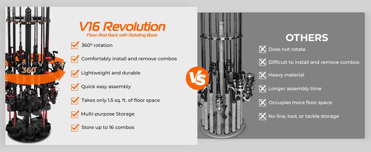 V16 Fishing Rod Rack With Rotating Base AND KastKing White Patented V15 Vertical Fishing Rod Holde- Fishing Pole Rack Holds Up to 15 Fishing Rods or Combos, Lightweight and Durable ABS Construction, Space-Saving Fishing Rod Holders for Garage