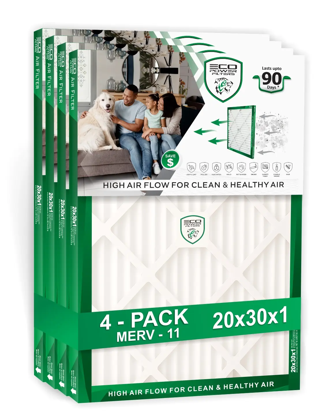 ECO POWER 20x30x1 (4 PACK) Air Filter MERV 11 Pleated HVAC AC Furnace Filter – High Efficiency Air Filter Replacement for Home, Captures Dust, Pollen & Pet Dander – (Actual Size 19.75 x 29.75 x 0.75)