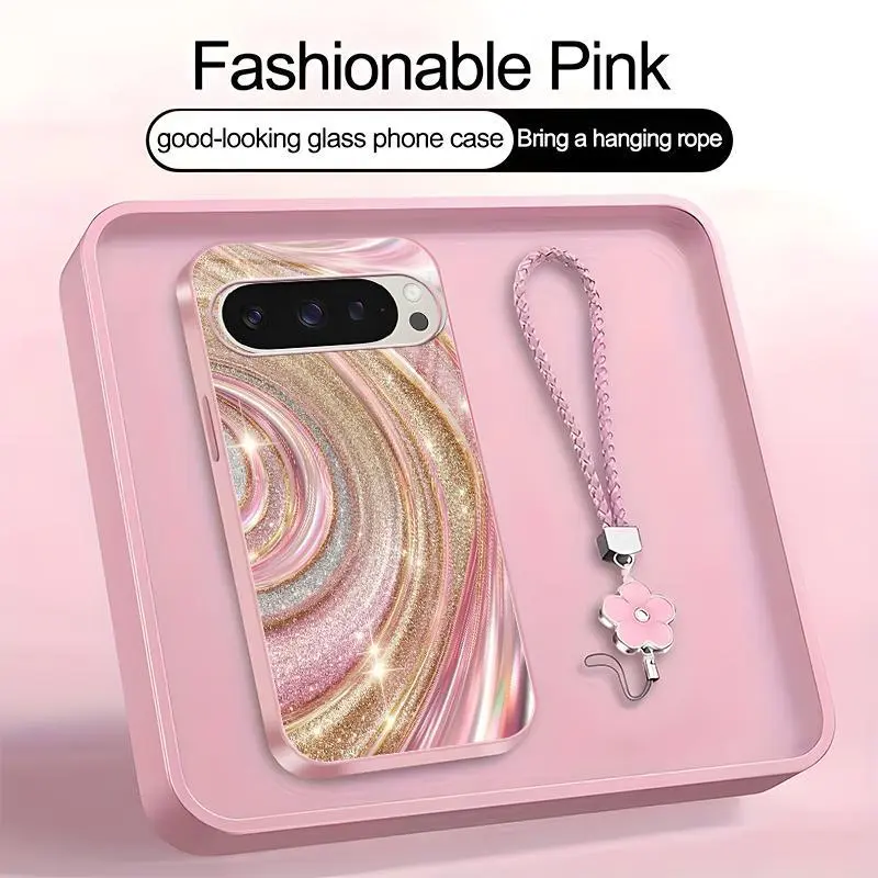 Luxury Rose Gold Swirl Smartphone Casing, Glitter Pink Art Aesthetic Cover with Flower Lanyard for Google Pixel 9 Pro - Handheld Cellphone Devices Accessory - 975