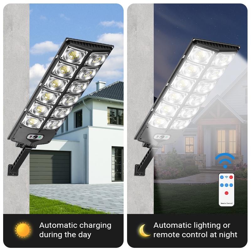 Solar Street Light Outdoor Solar Parking Lot Light, 360 LEDs Wide Angle Lamp with Motion Sensor IP67 Waterproof Commercial Lighting