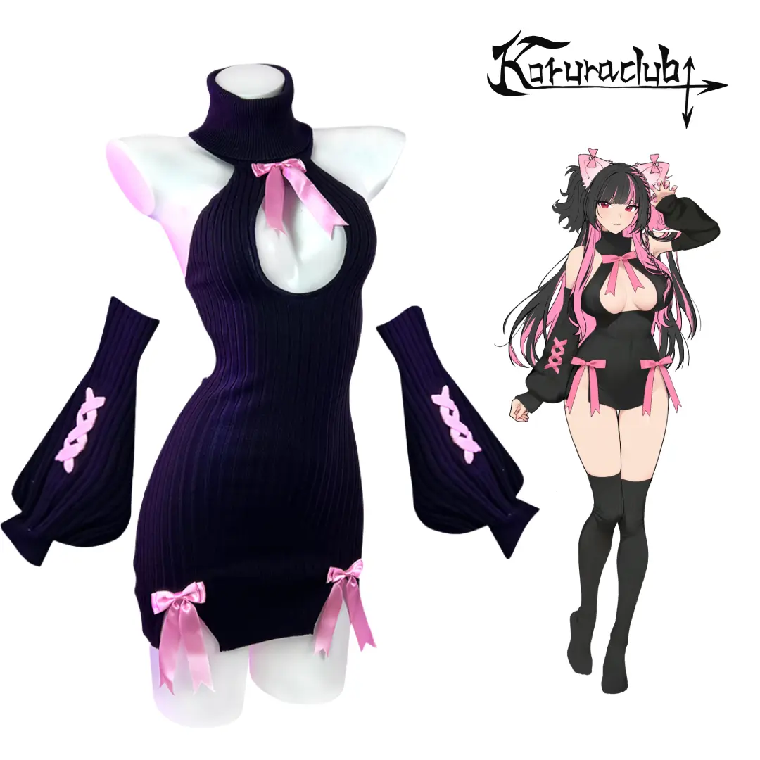 KORURACLUB Women's Cute Turtleneck Knit Sweater Dress, Cosplay Costume Set with Matching Sleeves and Stockings, Cotton Knit, Matching Bows, Turtleneck Adds Chic Warmth And Drama, Ready For Cons, Parties, And Photos, Coordinated Set Saves Styling Time, Acc