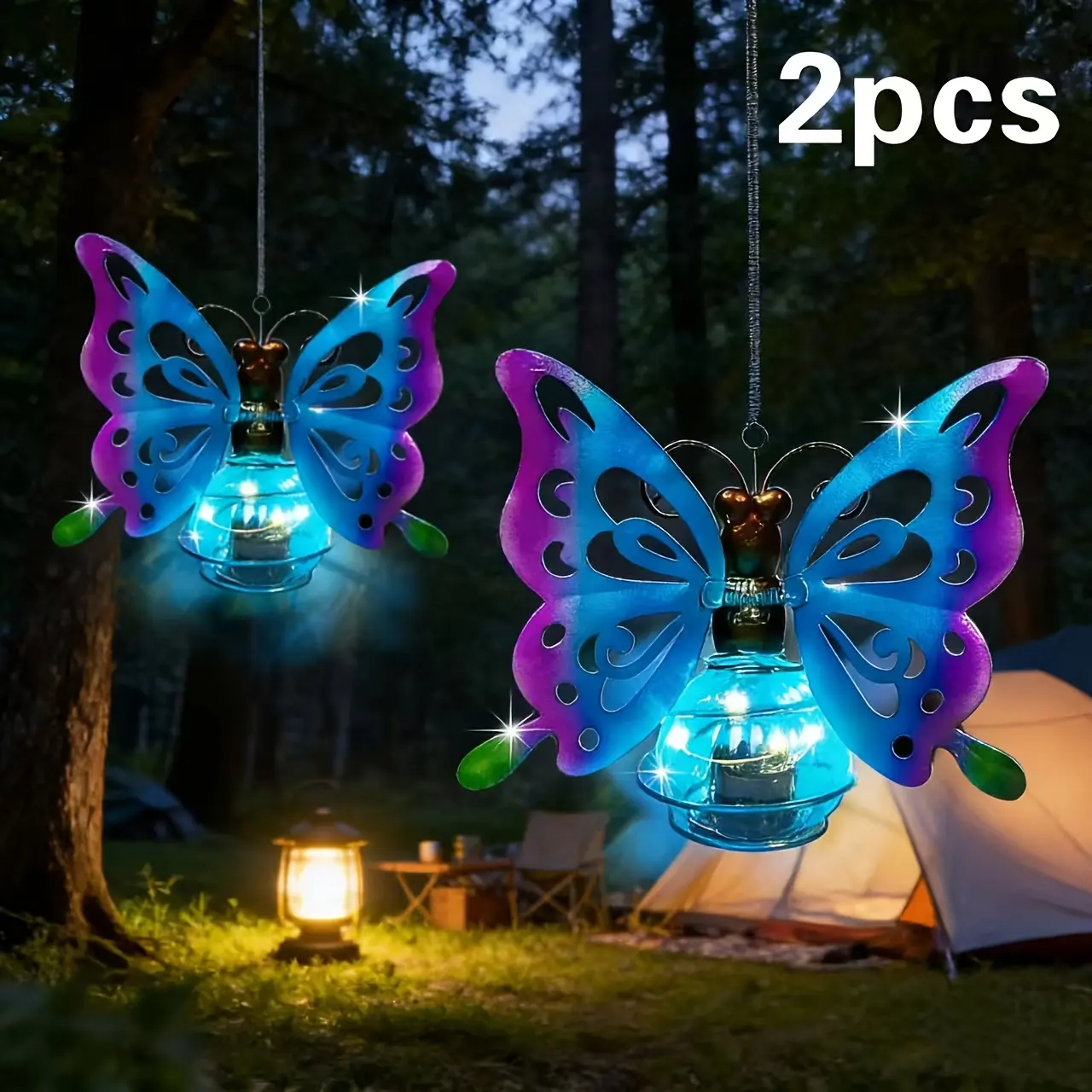 2-Pack Vintage Solar Butterfly Hanging Metal Lanterns with Glass Lamps - Waterproof Solar Outdoor Lights for Garden Tree, Outdoor Decor