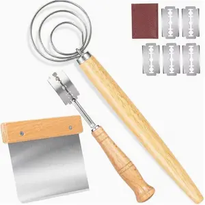 Premium Sourdough Scoring Tool Set for Bread Making, Including a Handcrafted Bread Lame, a Bread Knife, a Danish Dough Whisk, And a Dough Scraper