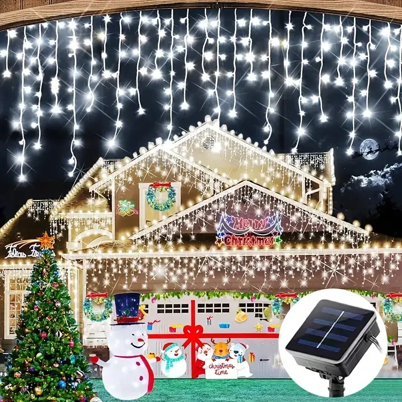 Outdoor Solar Icicle Lights with 8 Lighting Modes, Led Lighted Starry Light Fairy String Lights, Twinkly String Lights for Christmas Halloween Thanksgiving Decoration, Patio Indoor Treehouse Lighting, Party Decor, Holiday Decoration Lights