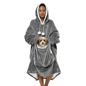 Kangaroo Wearable Blanket Hoodie with Giant Pocket, One Size Pet Clothes Sherpa Fleece Warm ＆ Cozy Oversize Sweatshirt Blanket Jacket with Sleeves Gifts For Dogs And Cats, Cozy Hooded Cat Clothes Womenswear Winter Cute Snuggle, #Summervibes #