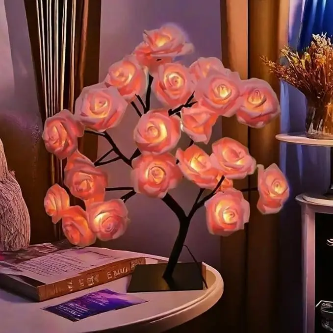 LED Pink Rose Tree Light, Artificial Bonsai Flower Table Lamp, USB Battery Powered Romantic Night Light for Bedroom Living Room Party Wedding, Valentine's Day Mother's Day for Her