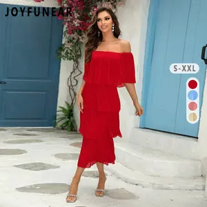 Clearance Joyfunear Women's solid color off shoulder  Ruffle Hem Casual Elegant Vacation Wedding Guest Chiffon Midi Dress